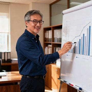 一位戴着眼镜、身着深蓝色衬衫的中年男士，在办公室白板前讲解数据模型，神情专注而自信