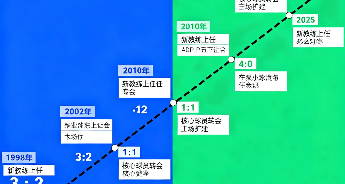 一条时间线信息图展示两支球队从1998年到2025年的全部交锋记录，标出了每次比赛的比分和关键事件节点